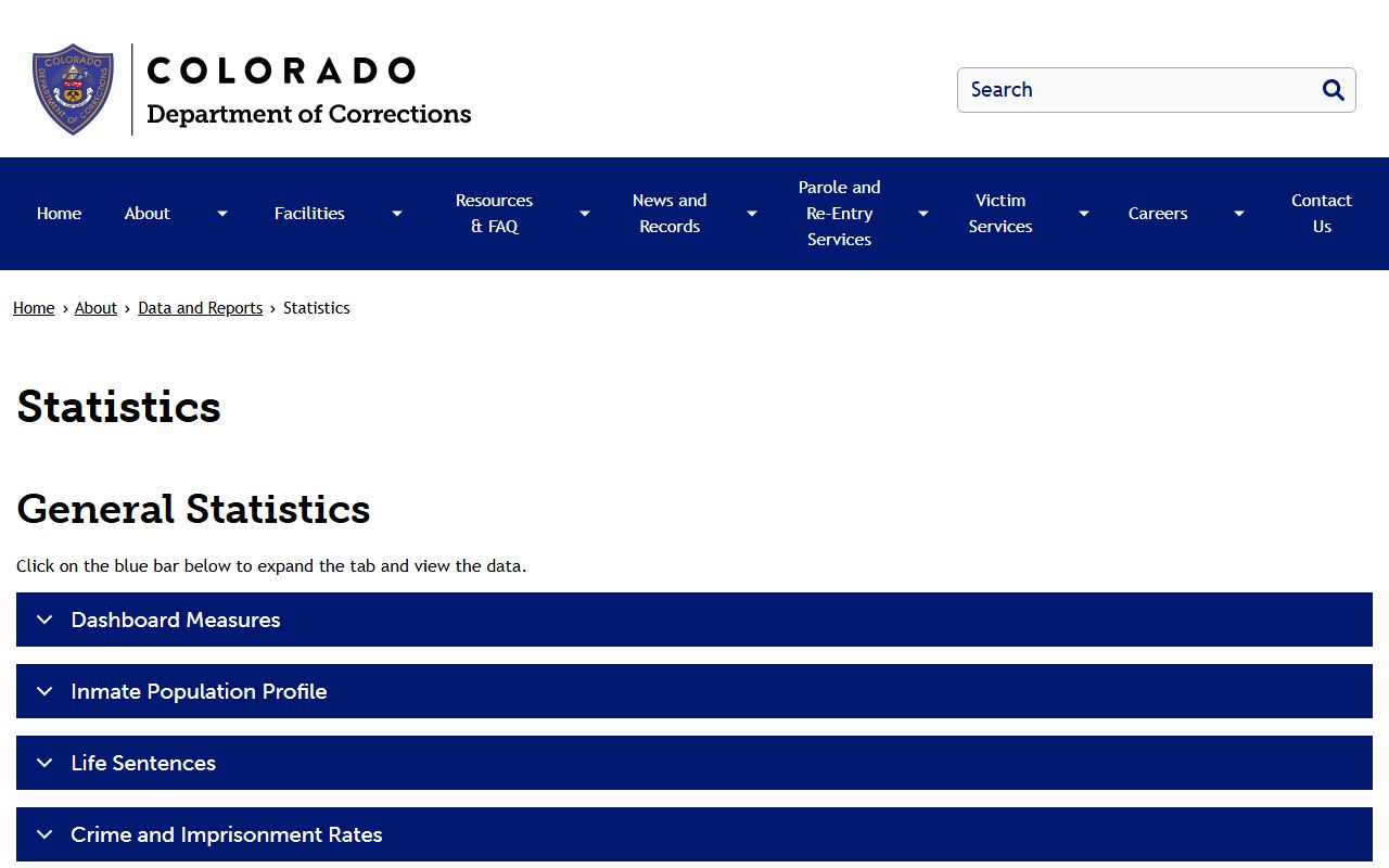 CDOC statistics page for Denver Reception and Diagnostic Center inmate population