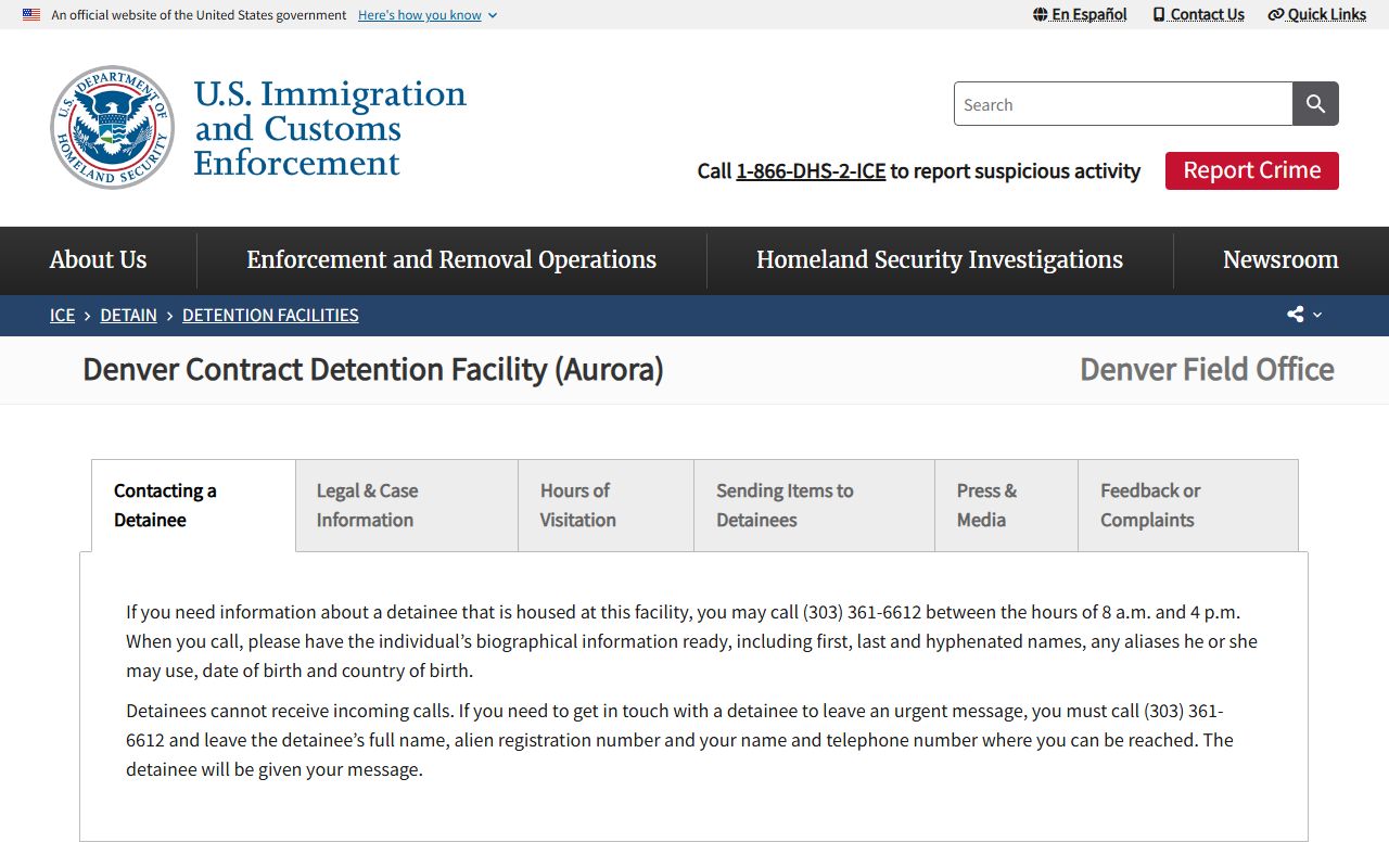 Aurora Contract Detention Facility ICE detainee lookup information