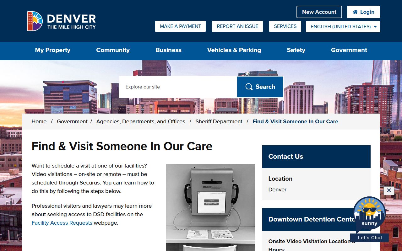 Denver Sheriff visitation page for Downtown Detention Center inmate visits