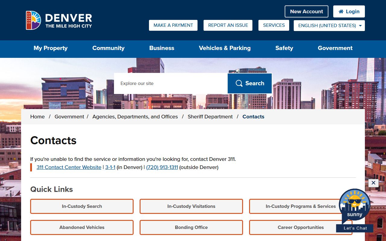 Denver Sheriff contacts page for Denver County Jail inmate facility information